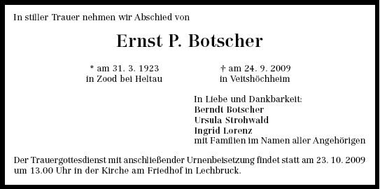 Botscher Ernst Peter 1923-2009 Todesanzeige